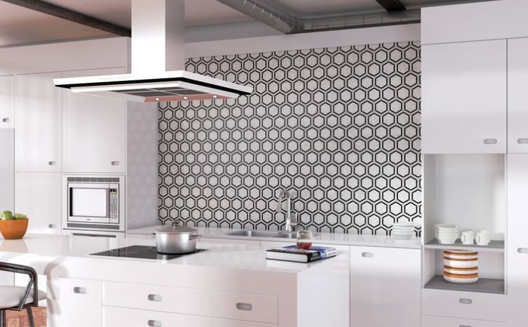 black and white tile kitchen backsplash